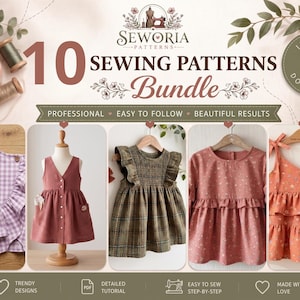 May include: A digital bundle of 10 sewing patterns from Seworia Patterns featuring various children's clothing designs including a purple gingham top, a solid mauve button-front dress, a plaid ruffled dress, a floral top, and a tiered floral tank.