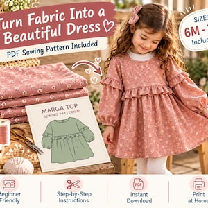 Girls Dress Sewing Pattern PDF | Marga Dress Pattern | Ruffle Sleeve Dress | 6M–12Y