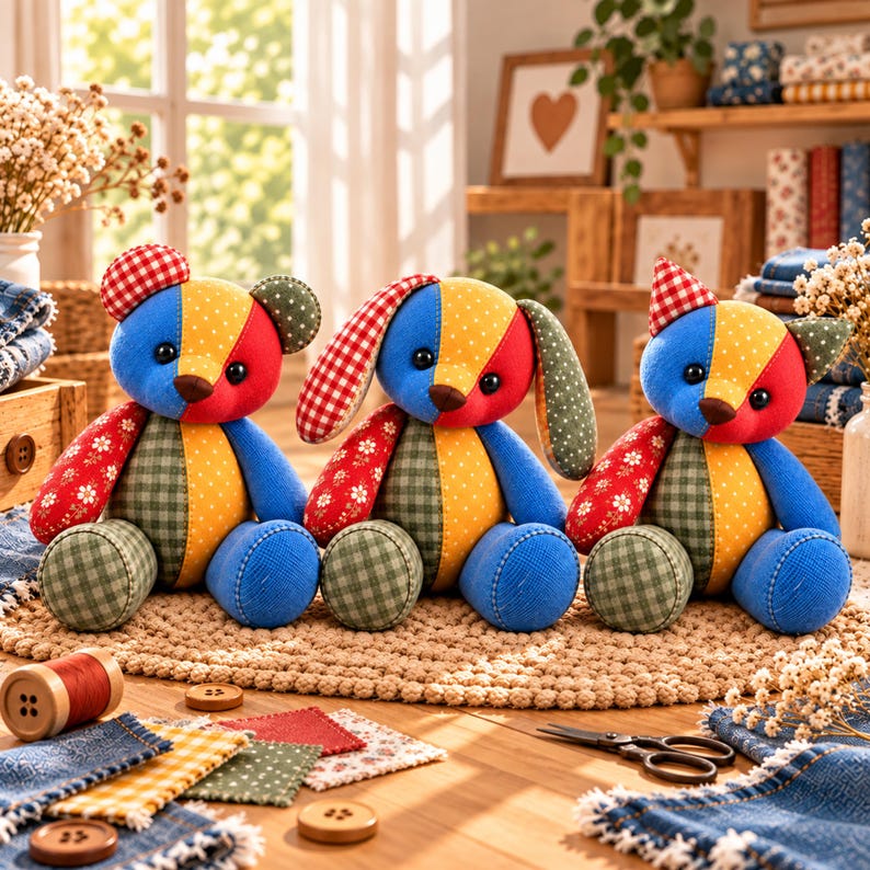 May include: Three plush toys featuring a patchwork design of blue, yellow, red, and green fabric with various patterns including polka dots, gingham, and floral prints. Two toys are bears with round ears, and one is a dog with long ears.