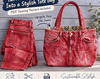 Upcycled Jeans Tote Bag Sewing Pattern, Washed Red Denim Bag PDF, DIY Recycled Jeans Bag Tutorial, Beginner Sewing Pattern, Instant Download