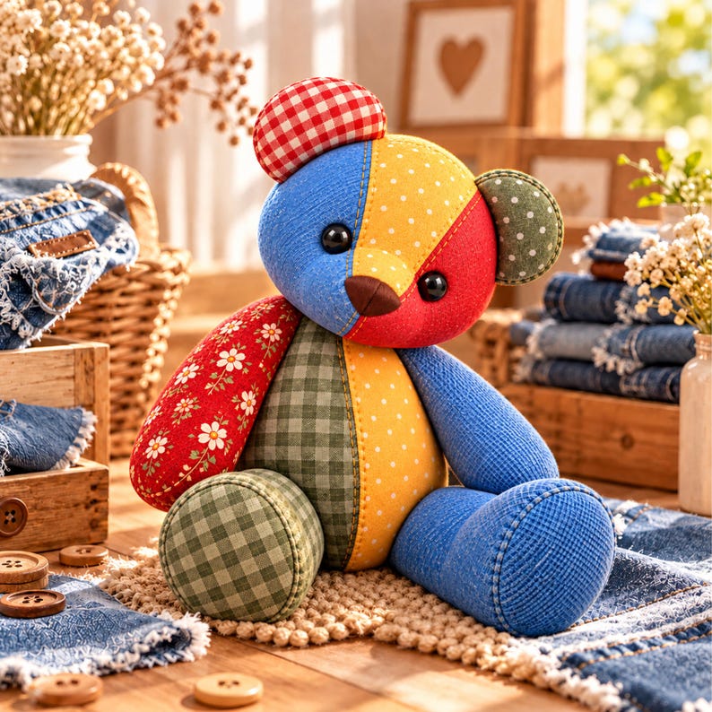 May include: A patchwork teddy bear constructed from various fabric patterns including blue denim, yellow polka dots, red floral print, green gingham, and olive green with white dots. The bear features black button eyes and a brown nose.