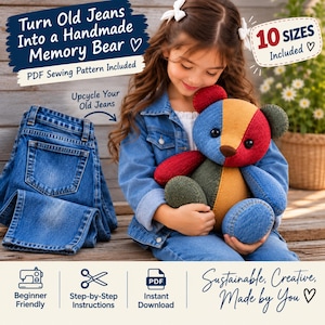 Cartamodello PDF per orsetto di peluche Memory Bear, 10 taglie, realizzato con denim riciclato e vecchi jeans.