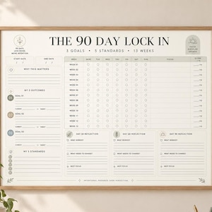 Può includere: Un pianificatore da parete rettangolare intitolato THE 90 DAY LOCK IN con sfondo beige chiaro e cornice in legno. Include sezioni per 3 obiettivi, 5 standard, una griglia di monitoraggio di 13 settimane e aree di riflessione per i giorni 30, 60 e 90.