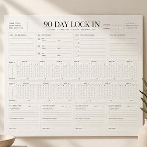 Pode incluir: Um planejador de metas 90 Day Lock In branco com texto e linhas pretas. Inclui seções para resultados, prioridades, rastreamento de hábitos por 13 semanas e seções de revisão para os dias 15, 30, 60 e 90 com campos de data em branco.