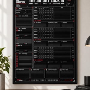 Könnte beinhalten: Ein schwarz gerahmtes Wandposter mit dem Titel The 90 Day Lock In, das ein strukturiertes Planungs-Layout mit weißem und rotem Text auf schwarzem Hintergrund zeigt. Es enthält Abschnitte für Daten, Ziele, Standards, wöchentliche Check-ins und Reviews.