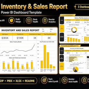 May include: A Power BI dashboard template titled Inventory & Sales Report featuring three pages of data visualizations. The layout includes gold and black accents, displaying charts, tables, and metrics for sales performance, profit margins, and stock health.