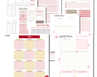 Printable Pink and Gold Planner; Monthly Planner; Pink Gratitude Planner includes food journal and exercise log