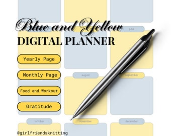 Blue and Yellow Printable Planner; Monthly Planner; Gratitude Planner includes food journal and exercise log