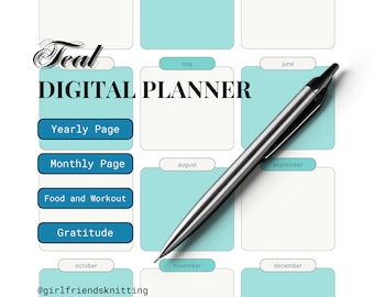 Teal Printable Planner; Monthly Planner; Gratitude Planner includes food journal and exercise log