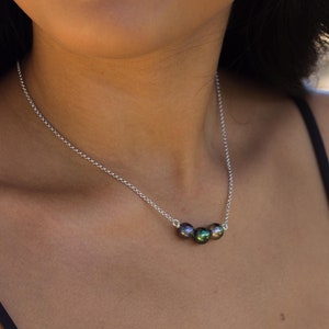 Tahitian Pearl Necklace – Triple Black Gems on Sterling Silver or Gold filled Chain • Minimalist Gift • Handmade in Hawaii