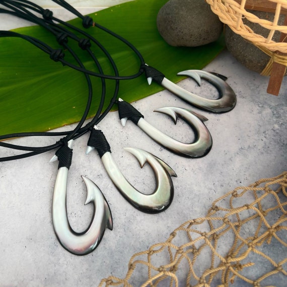 Hawaiian Fish Hook Necklace Mother of Pearl Shell Hooks , Hand