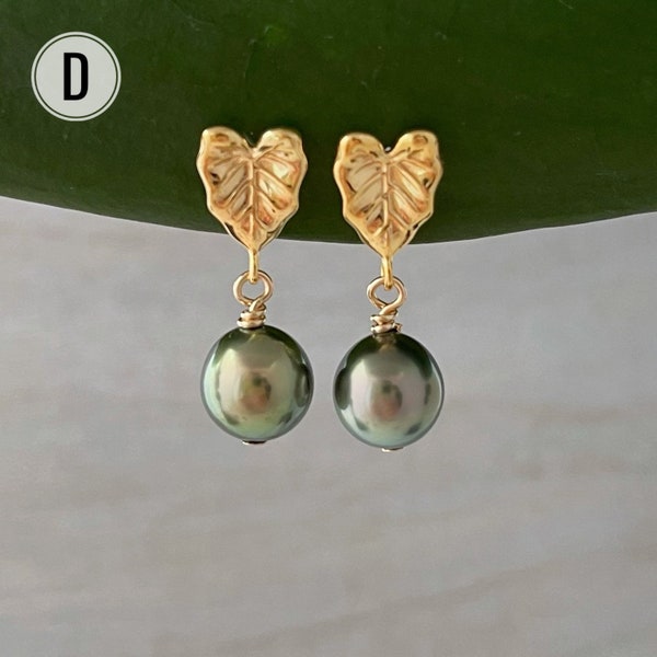 Kalo Leaf and Tahitian Pearl Earrings , Kalo earrings , Kalo jewelry , hawaiian earrings , Tahitian pearl earrings , tahitian pearl ,