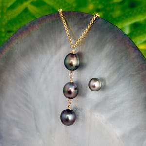 Tahitian Pearl Necklace – Big Triple Black Pearls on 14k Gold-Filled Chain • Handmade Elegant Minimalist Hawaii Jewelry