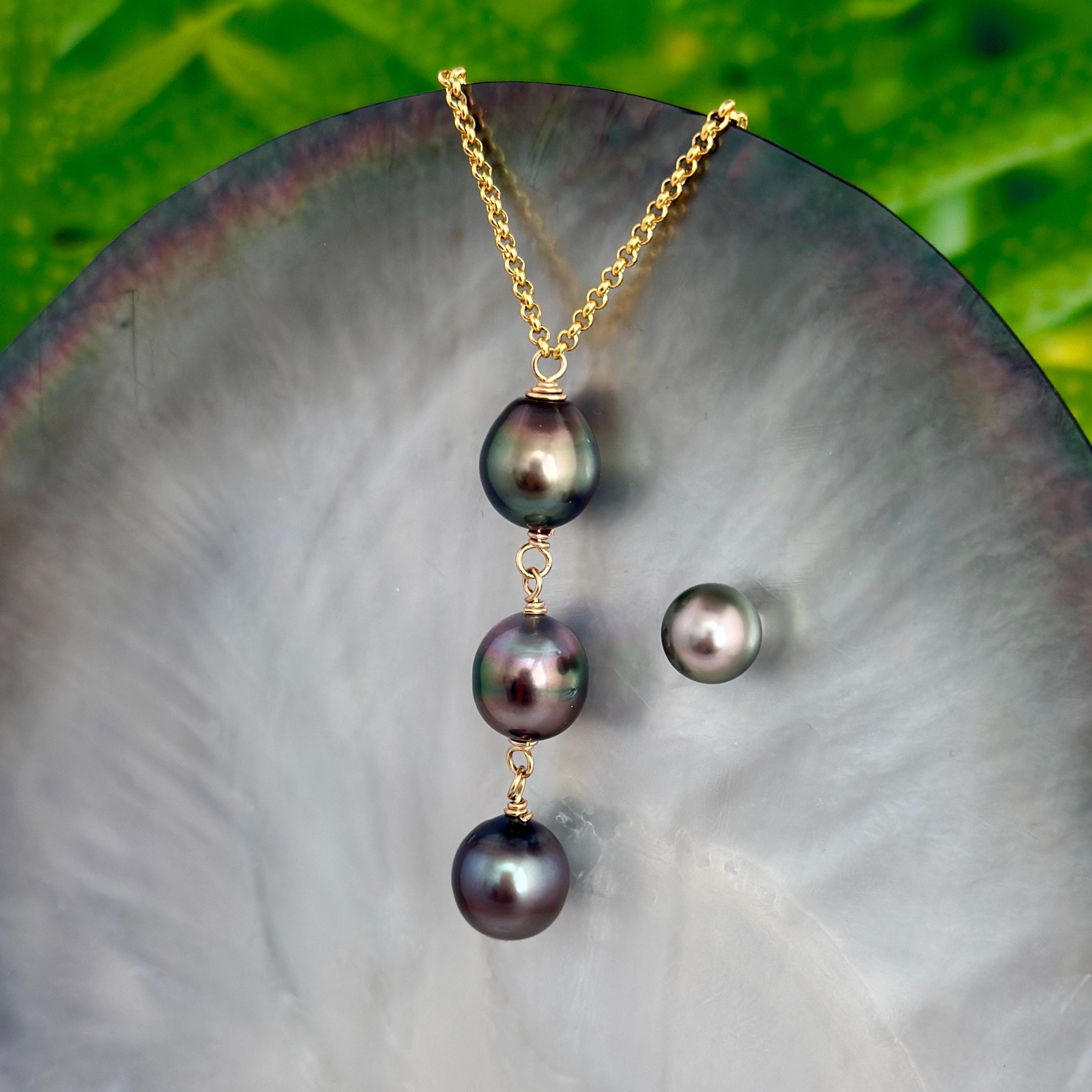 Tahitian Pearl Necklace – Big Triple Black Pearls on 14k Gold