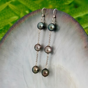 Triple Tahitian Pearl Earrings: Sterling silver chain jewelry