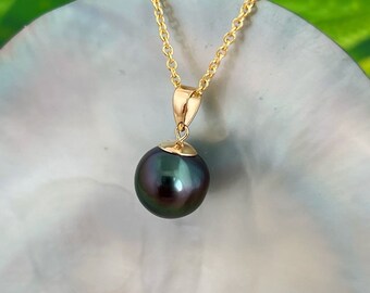 BEAUTIFUL Deep Dark Peacock Tahitian Pearl Pendant 18k gold , tahitian pearl necklace , tahitian pearl jewelry
