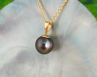 STUNNING Flawless 11mm Vibrant Round Peacock Tahitian Pearl Pendant 18k gold , tahitian pearl necklace , tahitian pearl jewelry