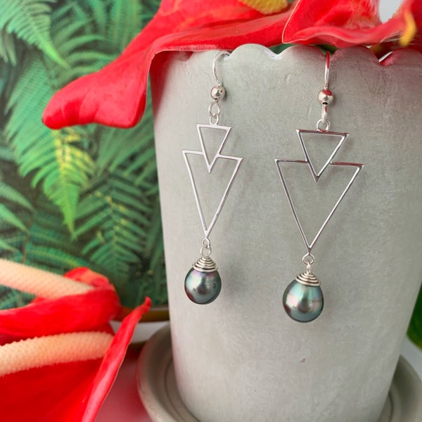 Modern Double Triangle Earrings with Tahitian Pearls , Tahitian Black Pearls , Sterling Silver  , Tahitian Pearl Earrings