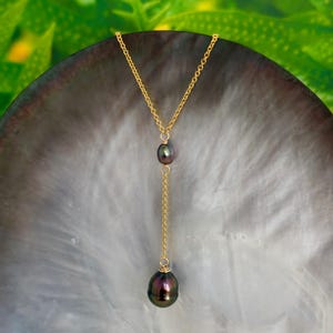 Tahitian Pearl necklace — Drop Lariat jewelry • Peacock Pink and Green color • Gold filled chain