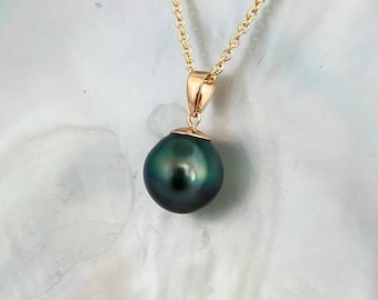 EXCEPTIONAL Vibrant Deep Blue Green 11.6mm Tahitian Pearl Pendant 18k solid gold , tahitian pearl necklace , tahitian pearl jewelry
