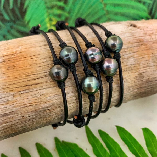 Tahitian Pearl Bracelet Leather Adjustable tahitian pearl bracelet Unisex tahitian black pearl ladies leather bracelet men leather bracelet