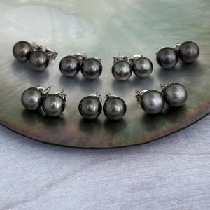 Classic 9mm+ Tahitian Black Pearl Stud Earrings sterling silver Genuine round pearl jewelry unique gift for her 30th anniversary gift