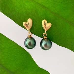 Tahitian Pearl Earrings – Gold filled Heart Studs • Dainty and Romantic Drop Style • Handmade with Aloha