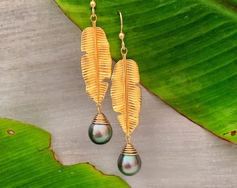 Tropical Banana Leaf and Tahitian Pearl Dangle Earrings , tahitian pearl earrings , tahitian pearl jewelry , tahitian pearl jewelry hawaii