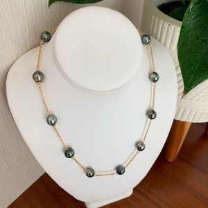 Tahitian Pearl Link Necklace , Gold Filled  , Black Pearls , tahitian pearl necklace