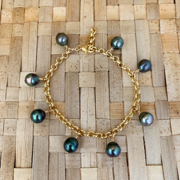 Tahitian Pearl Charm Bracelet Style – Thick Bold Chain • Sterling Silver or Gold Filled