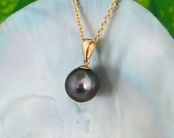 Genuine Classic Peacock Tahitian Pearl Pendant 18k solid gold , tahitian pearl necklace , tahitian pearl jewelry