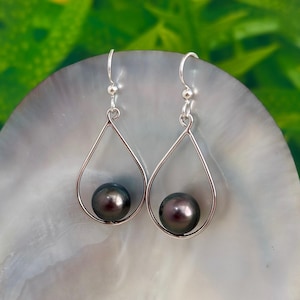 Tahitian Pearl Earrings – Sterling Silver Teardrop Design • Elegant Ocean-Inspired Jewelry • Minimalist gift for her