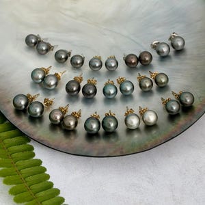 Puede incluir: Una colección de pendientes de perlas en varios tonos de gris, negro y blanco, con postes dorados. Los pendientes están dispuestos sobre una superficie reflectante e iridiscente, mostrando sus diferentes colores y tamaños. Las perlas tienen un acabado liso y brillante.