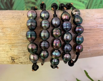 Tahitian Pearl bracelet • Adjustable Leather with 5 black pearls • Genuine natural colors • organic gemstone • Made in Hawaii