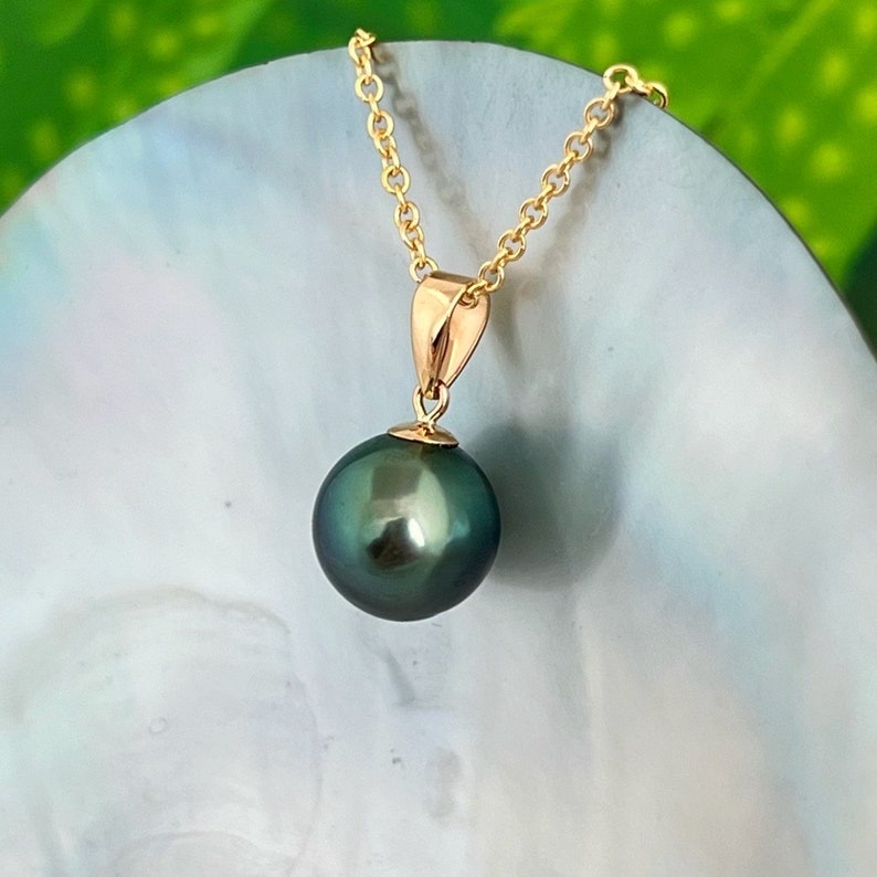 Vibrant Deep Emerald Blue Green Tahitian Pearl Pendant 18k Solid Gold ...