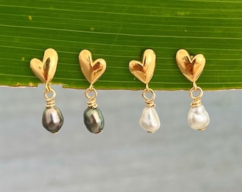 Petit coeur et boucles d'oreilles en perles tahitiennes Keshi, perle de tahiti, boucle d'oreille en perle de tahiti or, boucles d'oreilles en perles de tahiti, perle de tahiti hawaii