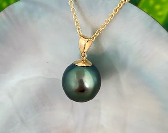 13mm Near Flawless Peacock Green Lustrous Tahitian Pearl Pendant 18k solid gold , tahitian pearl necklace , tahitian pearl jewelry