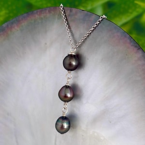 Tahitian Pearl Drop Necklace – 3 Black Pearls on Sterling Silver Chain • Handmade Minimalist Elegant Hawaii Jewelry