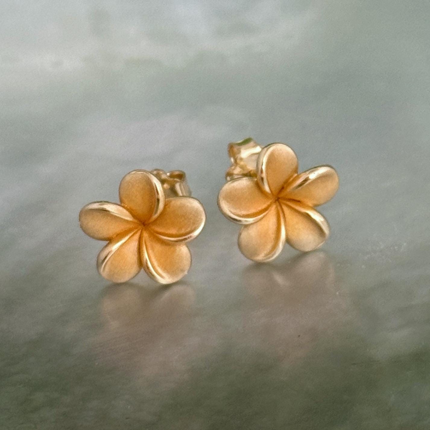Plumeria Frangipani Flower Stud Earrings • Hawaiian Gold