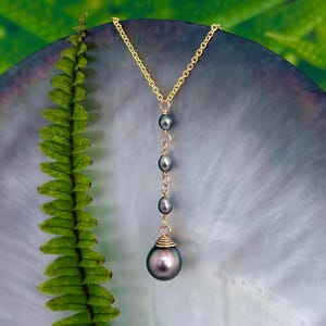 Tahitian pearl necklace • Peacock pink and green pendant • Gold filled chain with keshi accents