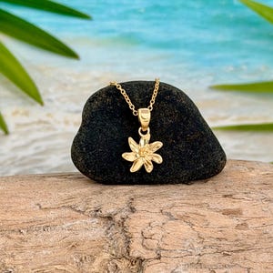 Könnte beinhalten: Eine goldfarbene Halskette mit einem Blumenanhänger. Der Anhänger ist als detaillierte, offene Blume gestaltet. Die Halskette wird auf einem schwarzen Stein vor einer Strandkulisse mit blauem Wasser und grünem Laub präsentiert.