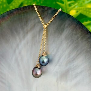 Tahitian Pearl Necklace • Double Drop Lariat Design • Peacock Pink Green Blue Overtones