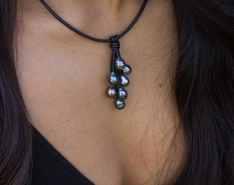 7 pearls Tahitian Cluster Necklace , Tahitian pearl necklace , tahitian pearl leather , tahitian pearl necklace leather , tahitian pearl
