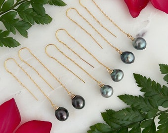 Tahitian pearl threader earrings Tahitian pearl earrings Tahitian pearl jewelry hawaii Tahitian black pearl earrings Tahiti pearl earrings