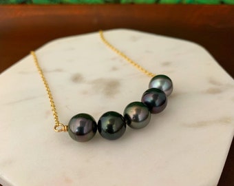 5 Tahitian Pearls bar necklace , Tahitian pearl necklace , Tahitian pearl jewelry , Tahitian pearl chocker necklace , tahitian pearl