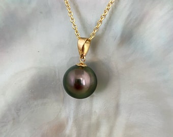 STUNNING Vibrant Round 11.5mm Peacock Tahitian Pearl Pendant 18k gold , tahitian pearl necklace , tahitian pearl jewelry