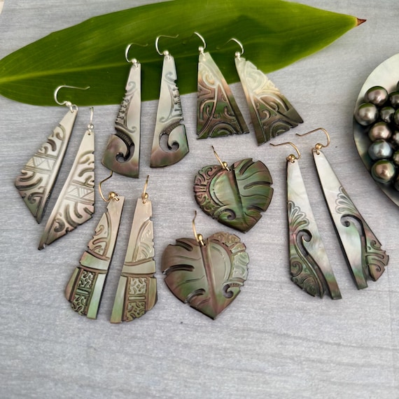 Hand Carved Mother of Pearl Earrings: Gold Filled or Sterling Silver, Hawaiian Jewelry