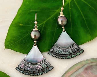 Tahitian Pearl Fan earrings , Tahitian pearl earrings , Tahitian pearl jewelry , Tahitian pearl drop earrings , tahitian pearl hawaii,