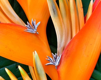 May include: Two silver bird earrings with a detailed design, set against a backdrop of orange flower petals.