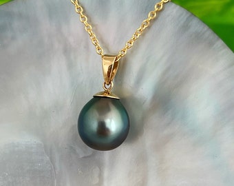 Near Flawless Blue Green Tahitian Pearl Pendant 18k solid gold , tahitian pearl necklace , tahitian pearl jewelry